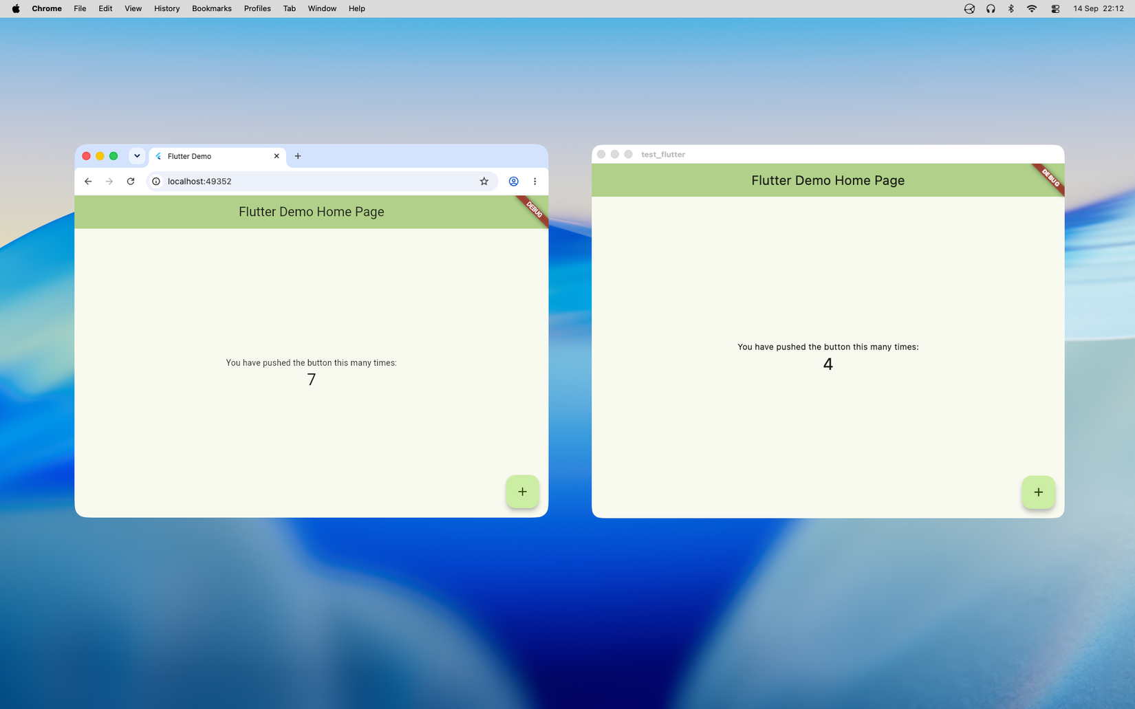 The Flutter sample app shown in two windows; on the left is a web browser showing it and on the right is a native macOS app.