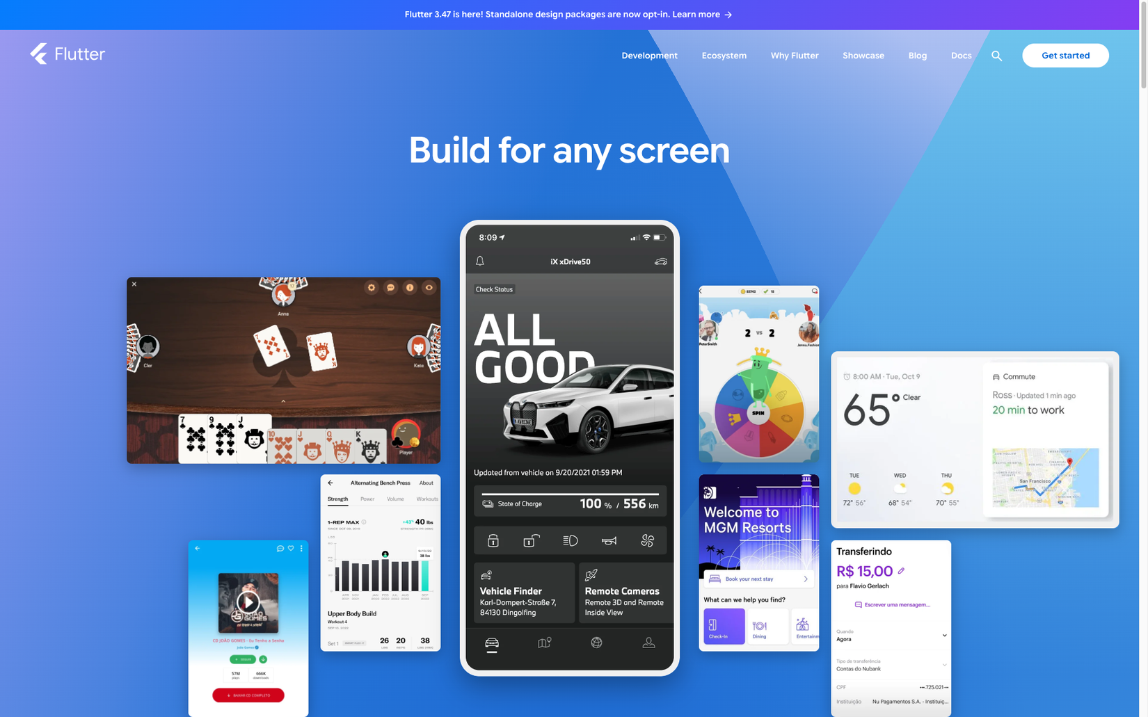 The Flutter home page, with a heading that reads "Build for any screen" above a series of phone and tablet screens in both portrait and landscape orientations.