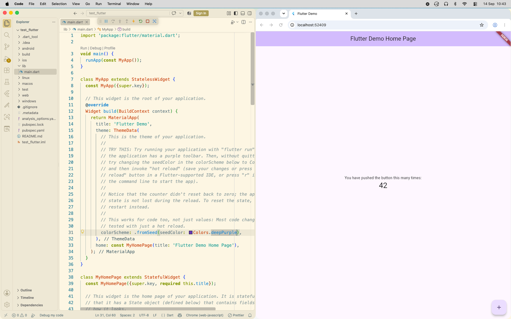 The Flutter demo in the foreground, with VS Code in the background highlighting a line with the color scheme defined.