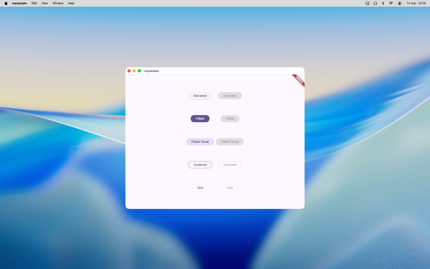 A Flutter demo app showing examples of ten different buttons in Material style.