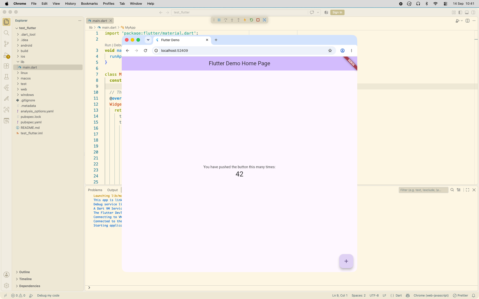 VS Code in the background showing the contents of a main.dart file, with a web browser in the foreground showing the Flutter Demo sample app.