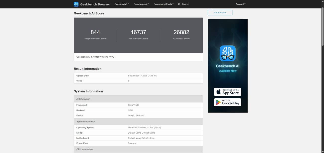 Nòt Geekbench AI pou Intel Core 3 304 la.