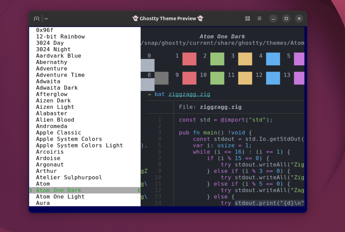 Different Ghostty terminal themes listed.