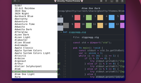 Different Ghostty terminal themes listed.