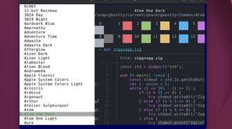 Different Ghostty terminal themes listed.