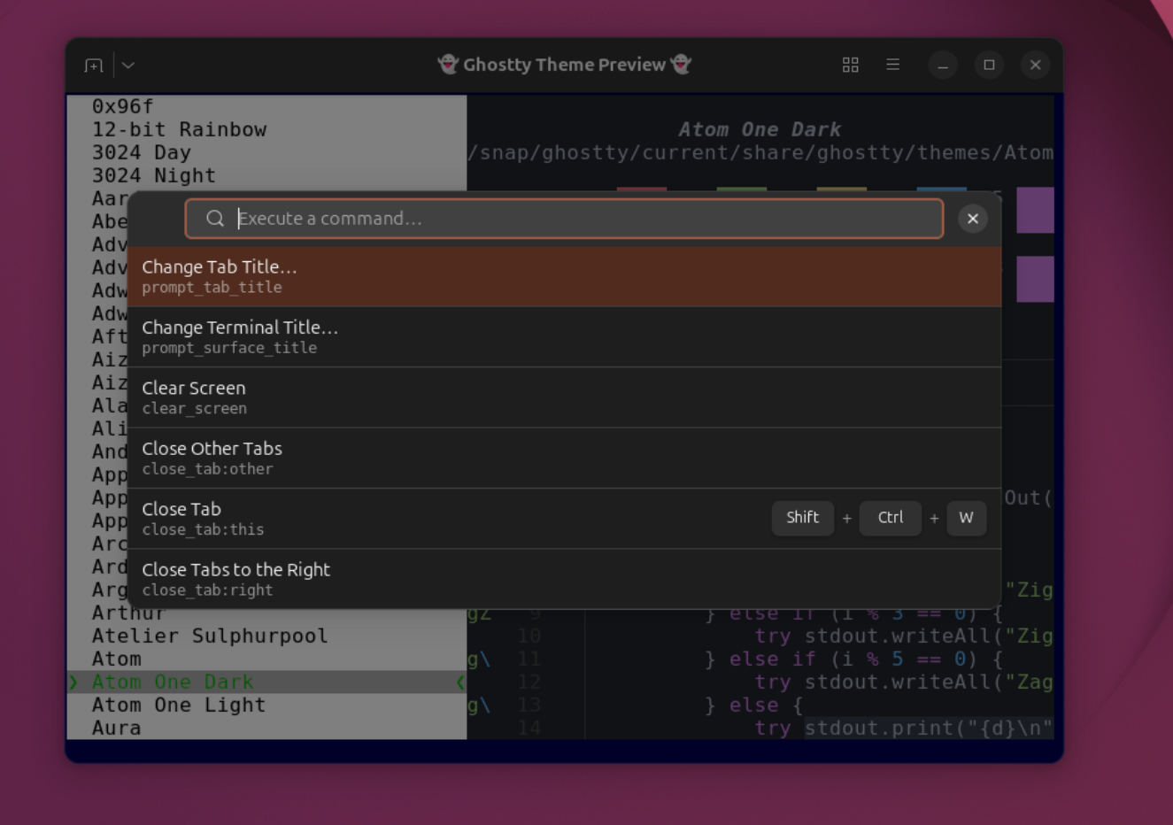 Ghostty Command Palette showcasing different commands and a search bar.