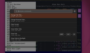 Ghostty Command Palette showcasing different commands and a search bar.