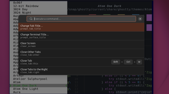 Ghostty Command Palette showcasing different commands and a search bar.