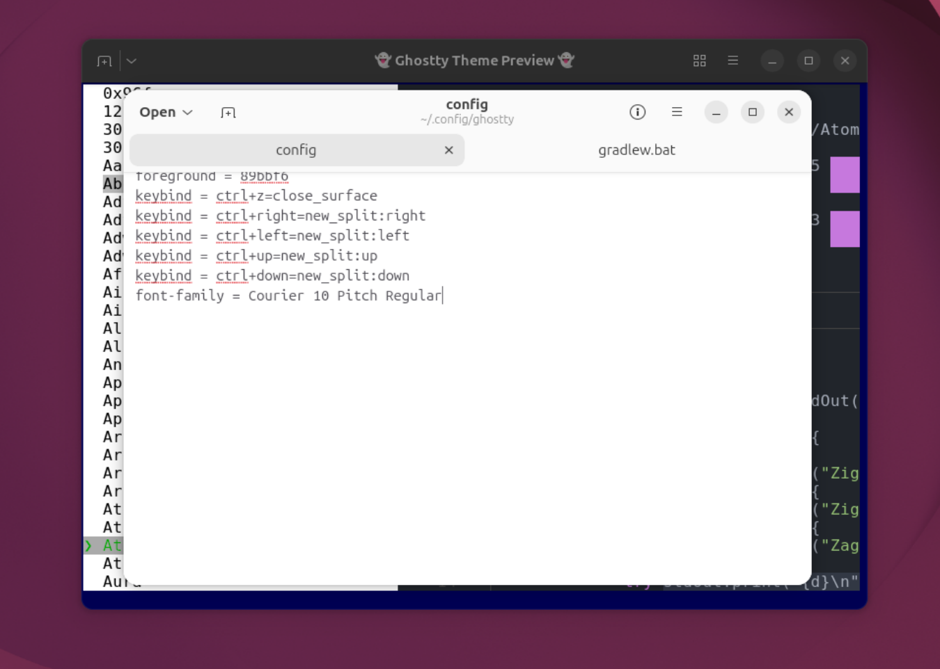 Ghostty configuration file displaying a simple configuration of keybindings and font-family.