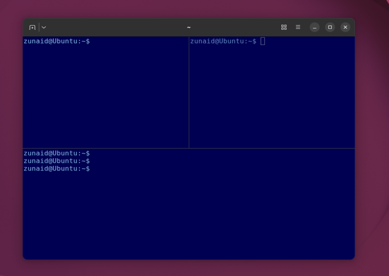 Ghostty terminal split into three windows.