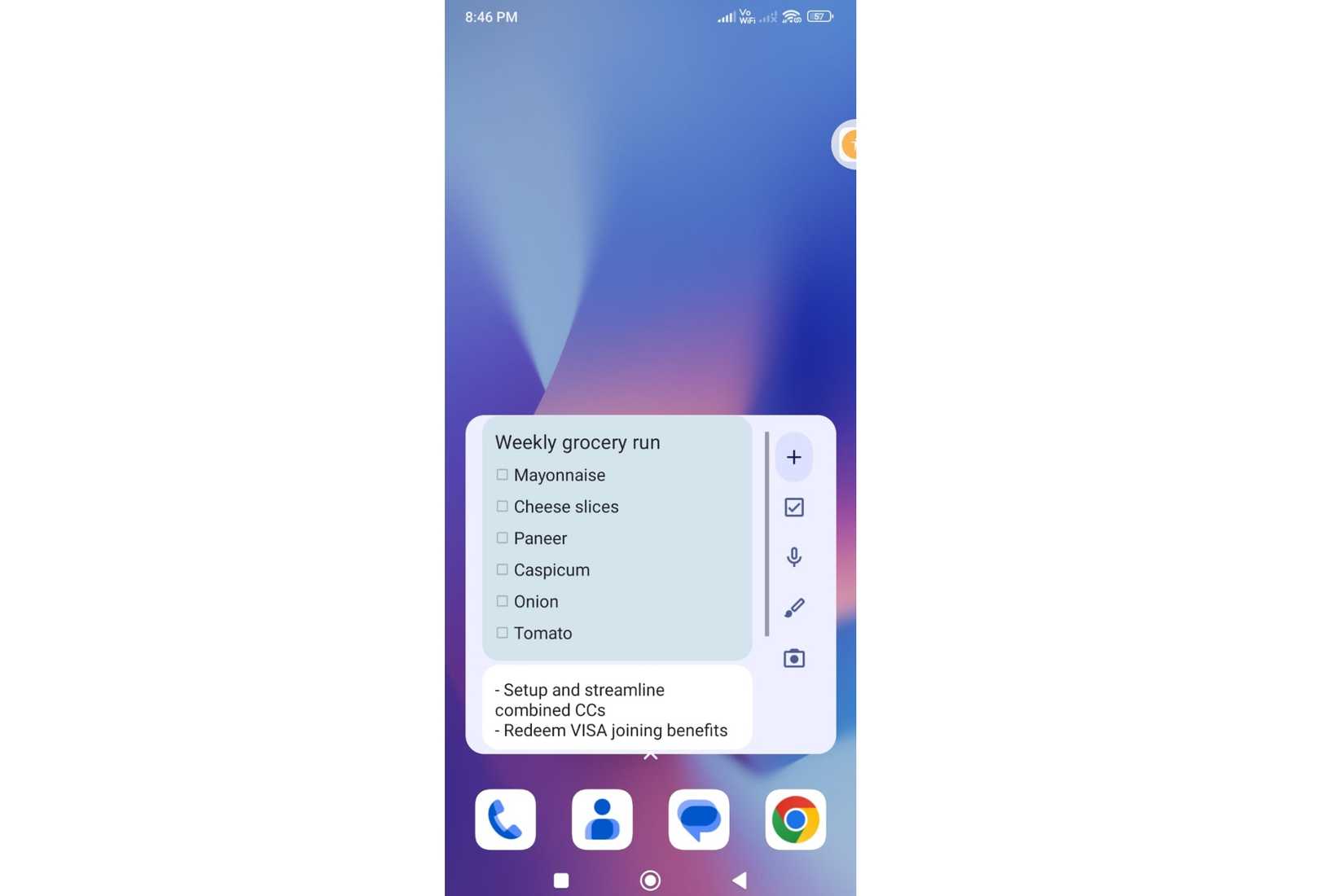 Google Keep widget allows me to take a quick note and view saved ones
