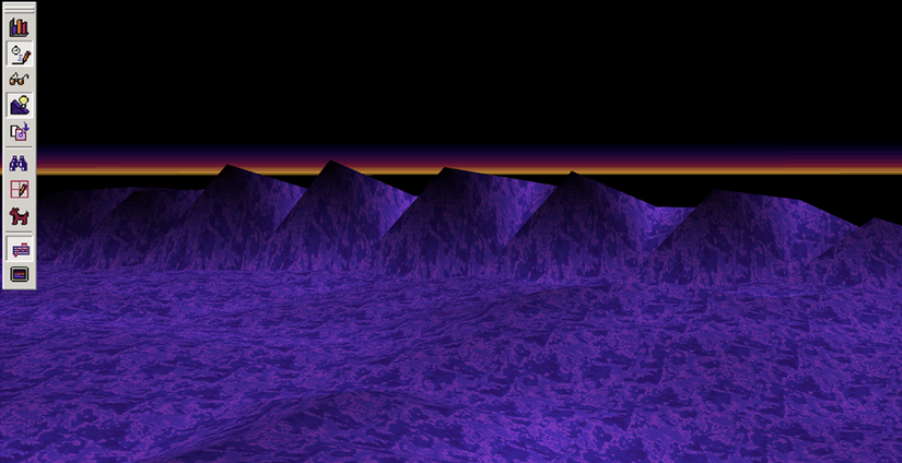 In an Excel flight simulator recreation, purple mountains stretch across a landscape below a dark sunset sky.