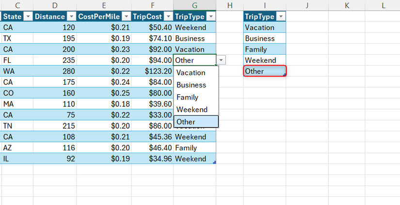 In Excel, a new option in a reference table appears in a cell drop-down menu.