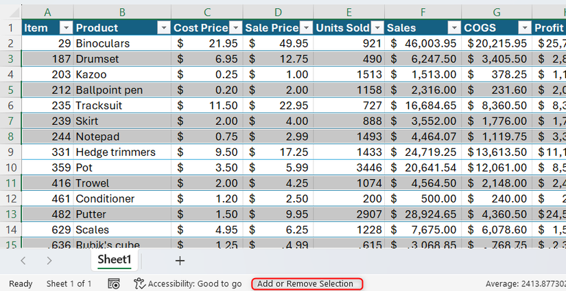 In Excel, multiple non-adjacent rows are selected in a table, with Add or Remove Selection highlighted in the status bar.