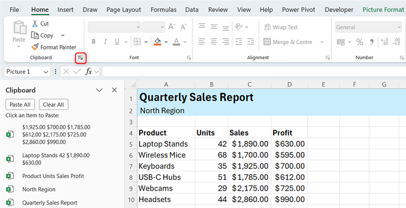 In Microsoft Excel, the Clipboard task pane is open beside a sales report, and the Clipboard launcher button is highlighted.