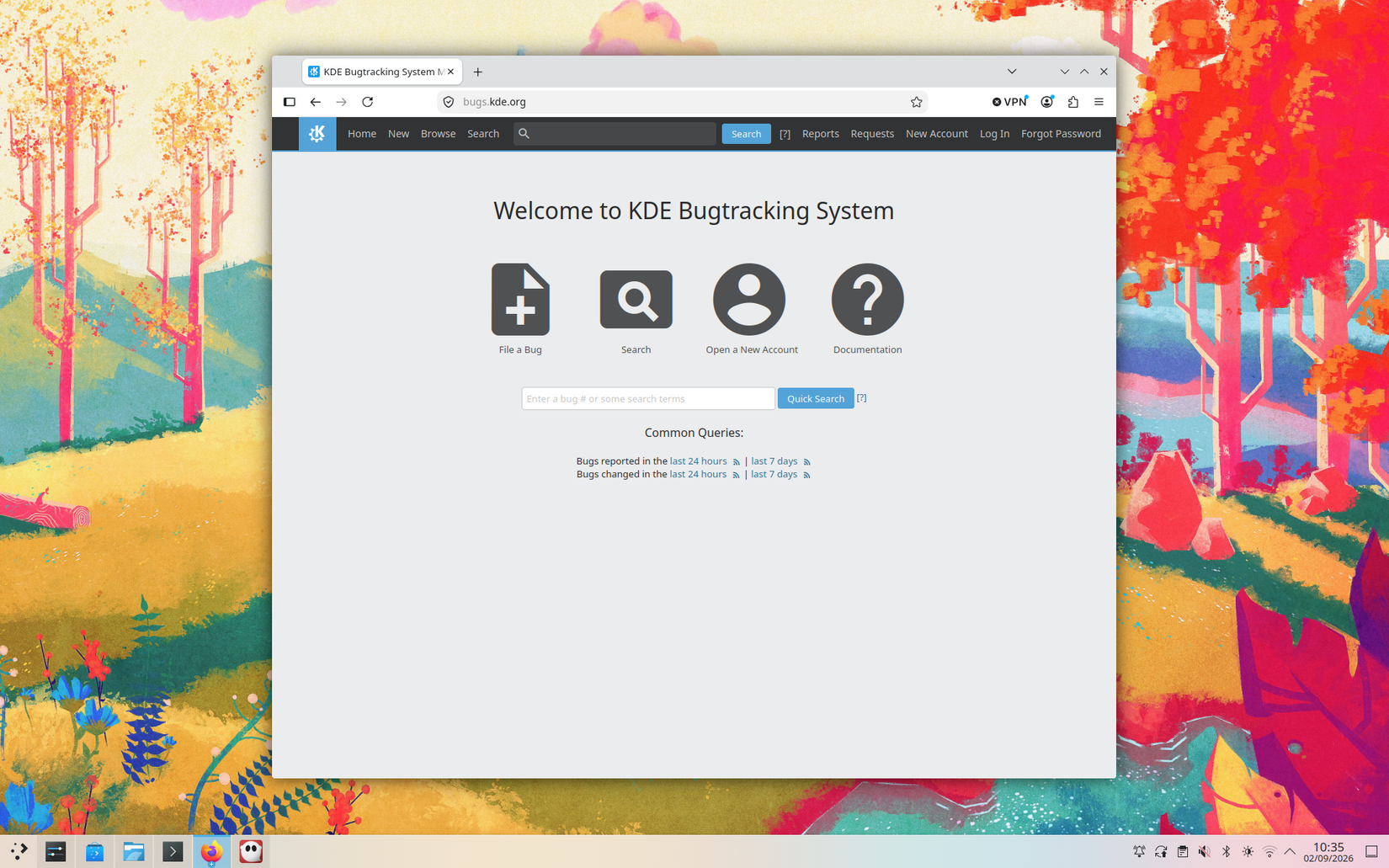 The bugs.kde.org website showing options to file a bug, search, or open a new account.