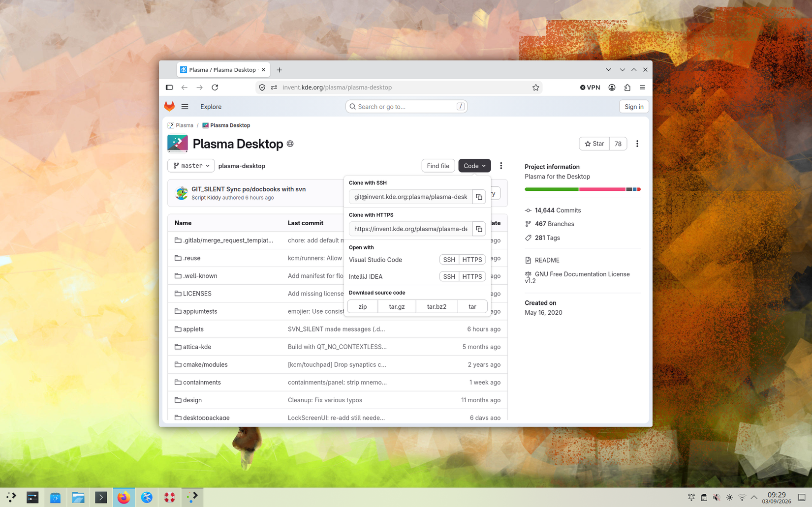 A page from invent.kde.org showing the contents of the plasma-desktop repository with a popup of cloning actions.