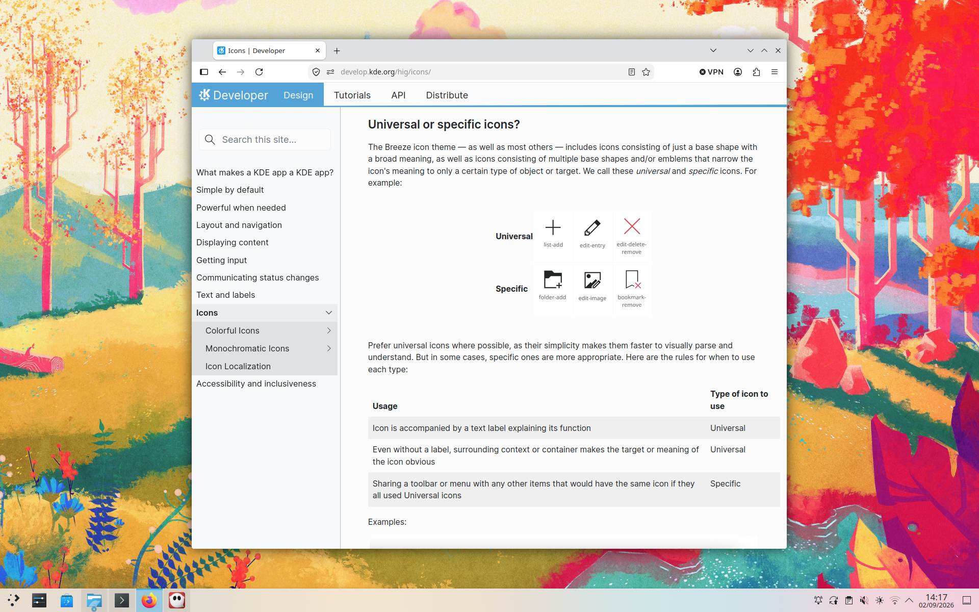 Documentation on icons explaining the difference between universal and specific.