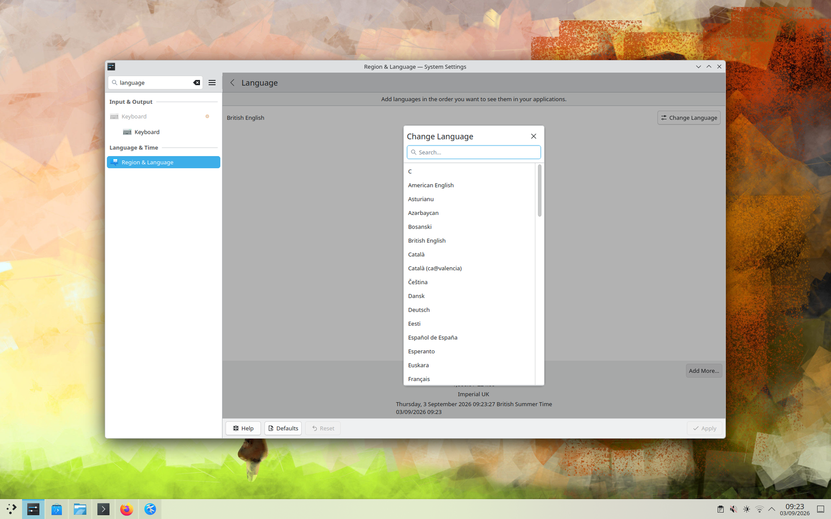 KDE System Settings showing the Region & Language page with a long list of available languages, including British English, Dansk, and Esperanto.