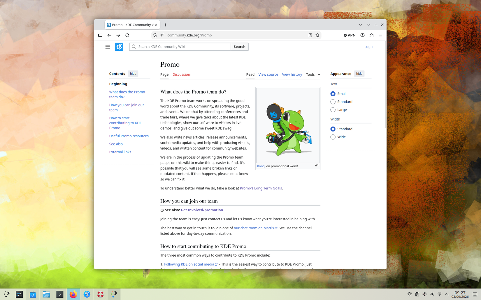 A page of the community.kde.org wiki titled Promo with information about the KDE Promo team and its work.