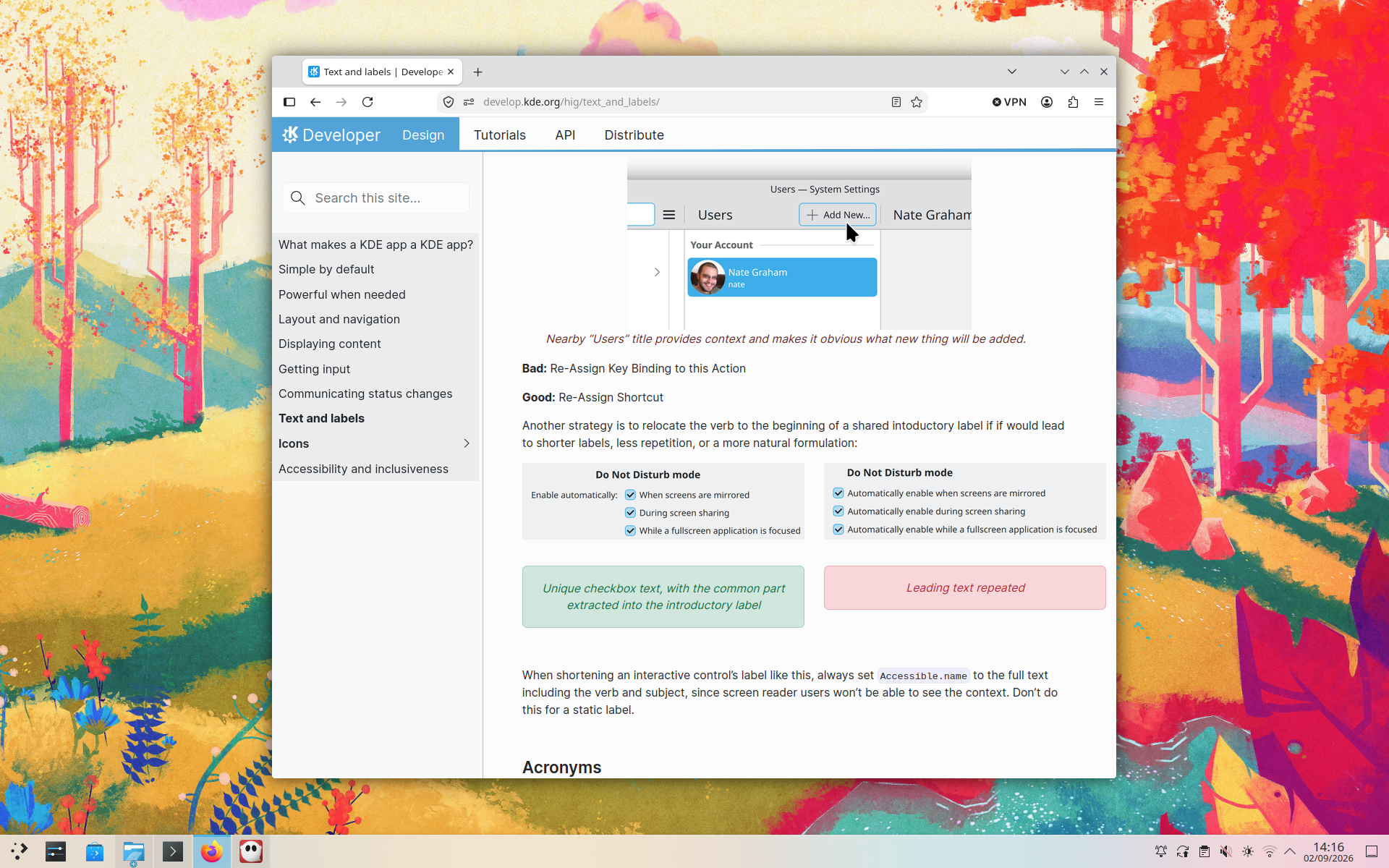 Documentation about text and labels, with examples of good, concise copy.