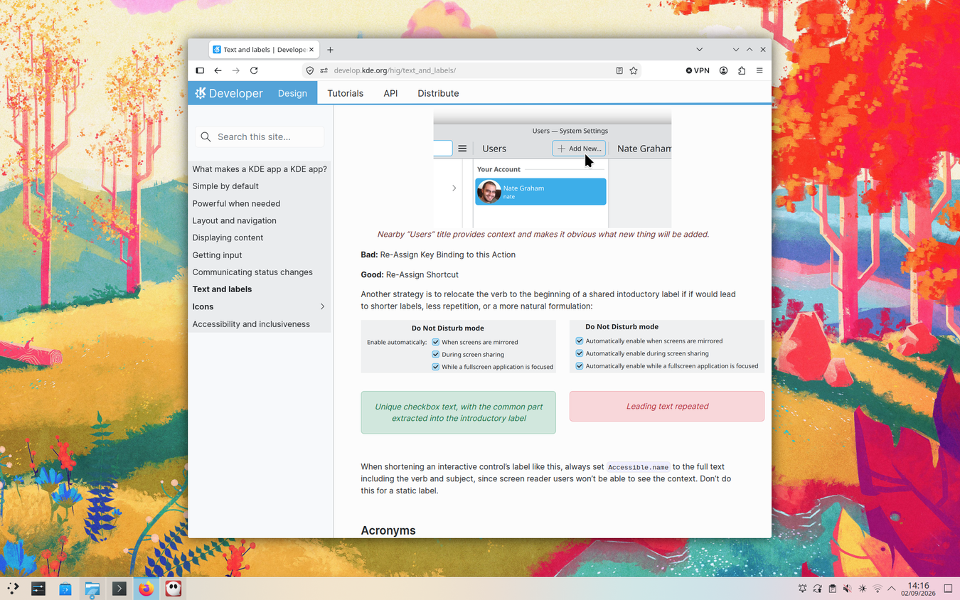 Documentation about text and labels, with examples of good, concise copy.