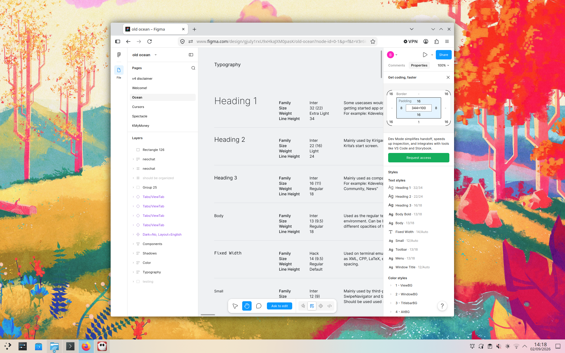 A Figma file showing examples of typography, including Heading 1, Body, and Fixed Width.