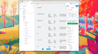 A Figma file showing examples of typography, including Heading 1, Body, and Fixed Width.