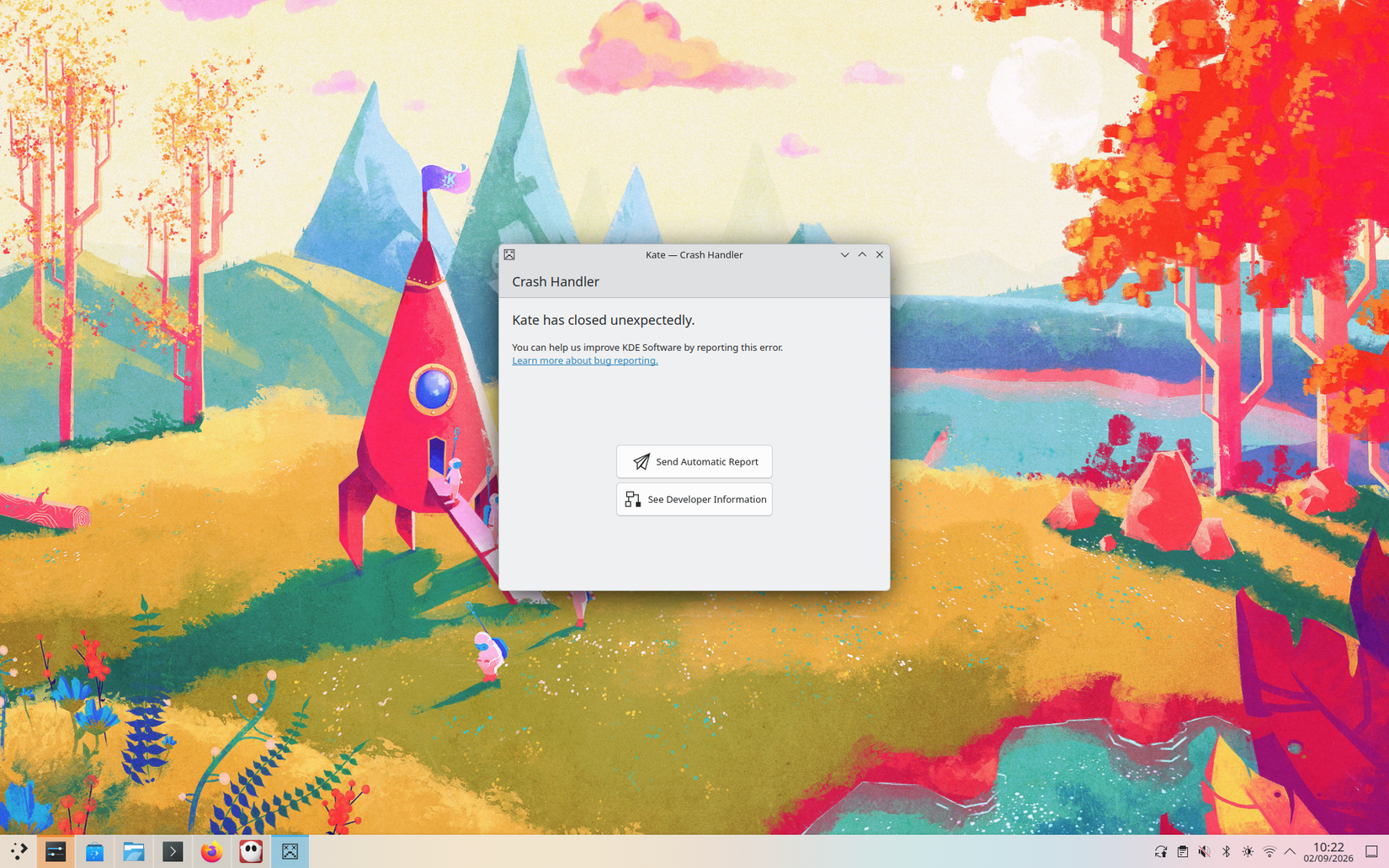 KDE displaying a Crash Handler dialog informing the user that Kate has closed unexpectedly with a button to send an automatic report.