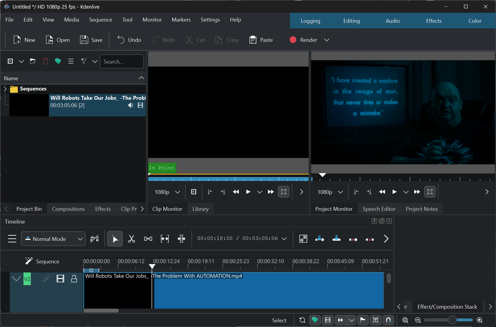 A video clip is open in Kdenlive.