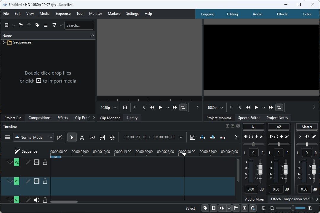 Kdenlive open to a new project.