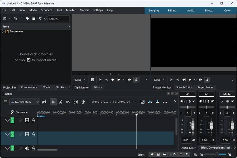 Интерфейс видеоредактора Kdenlive с открытым проектом