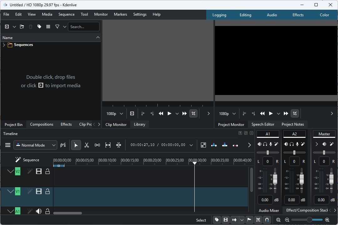 Kdenlive open to a new project.