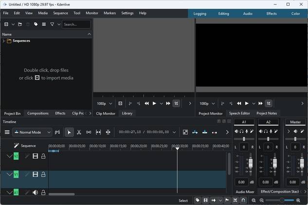 Kdenlive open to a new project.