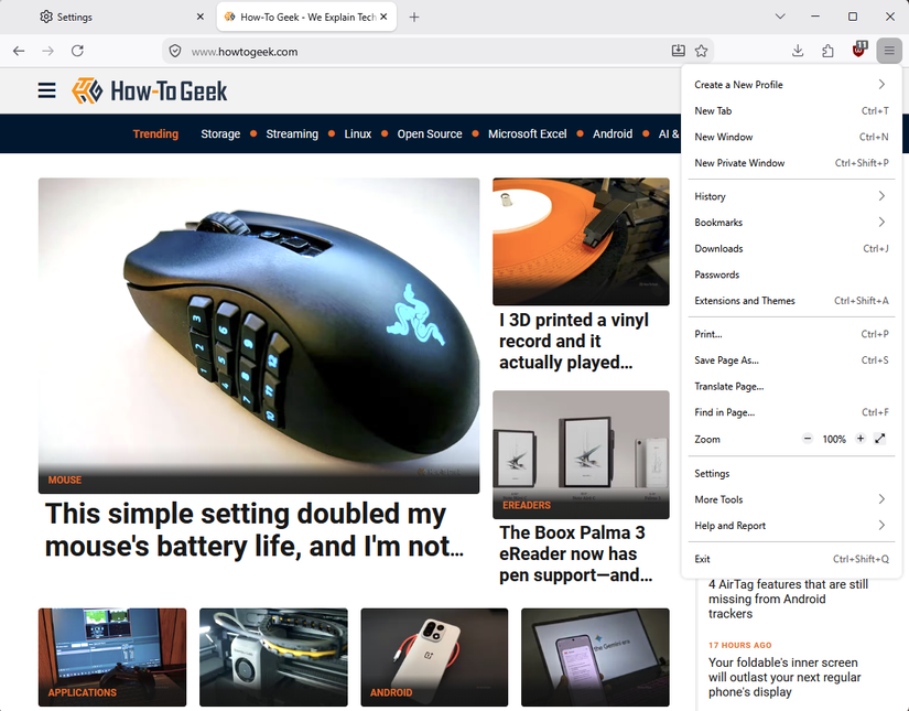 LibreWolf displays the How-To Geek homepage with its main browser menu open.