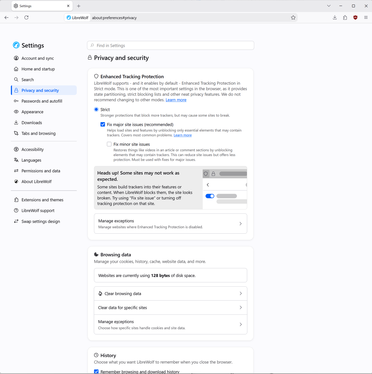 LibreWolf's Privacy and Security settings show Strict Enhanced Tracking Protection and options for fixing sites affected by tracker blocking.