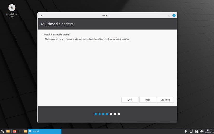Installing codecs in the Linux Mint installation program.