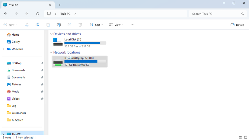 Windows 11 File Explorer shows the mapped H drive from RICHSLAPTOP-PC listed under Network locations in This PC.