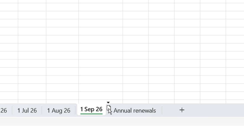 Microsoft Excel worksheet tab is Ctrl-dragged to duplicate it, with a page icon and arrow indicator displaying this action.