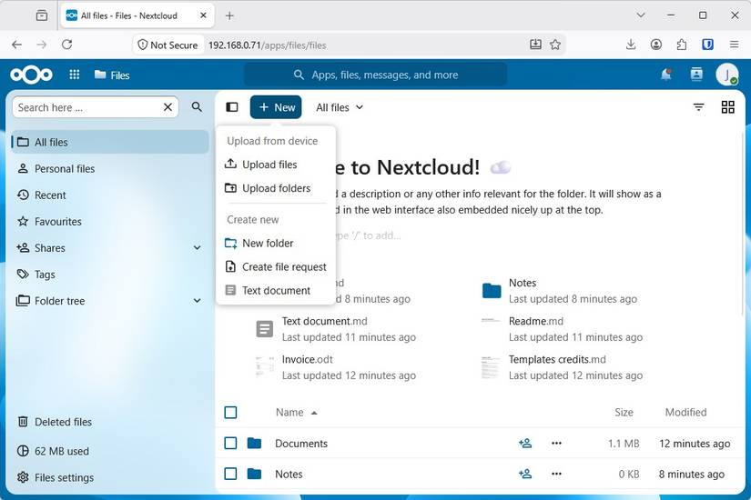 The Nextcloud File Manager with the upload menu open. 