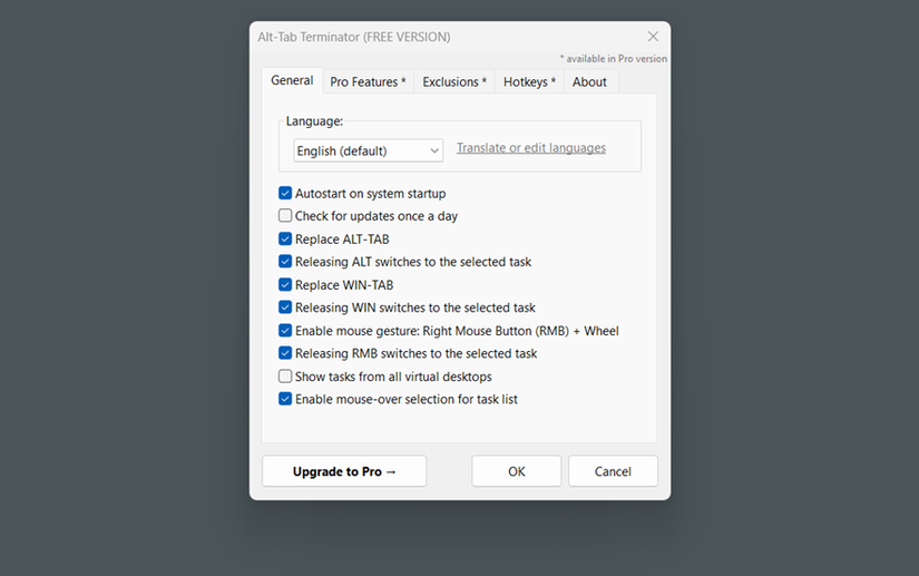 NTWind's Alt-Tab Terminator Settings window showing the General tab with checkboxes and a language drop-down menu.