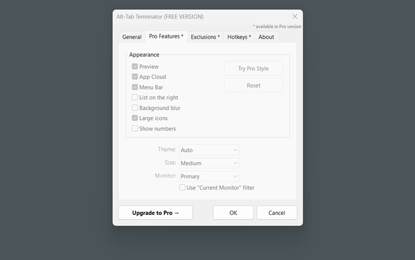 NTWind's Alt-Tab Terminator settings window showing the Pro Features tab with grayed-out settings and drop-down menus.