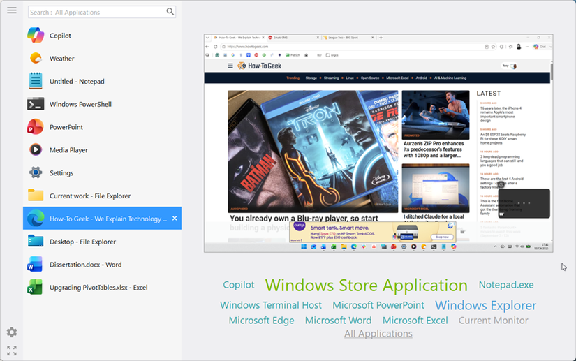 NTWind's Alt-Tab Terminator window showing a web page selected while scrolling through a long application list.