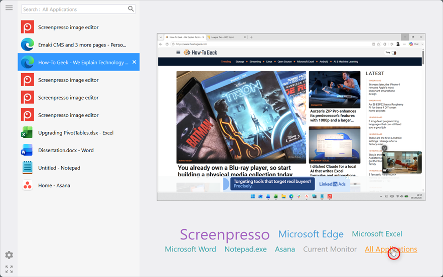 NTWind's Alt-Tab Terminator window showing All Applications selected in the bottom filter and a web page previewed on the right.