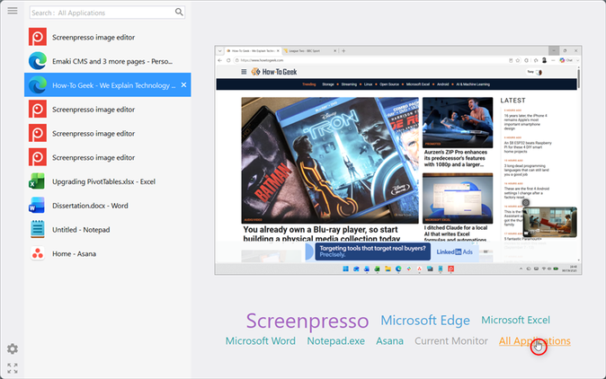 NTWind's Alt-Tab Terminator window showing All Applications selected in the bottom filter and a web page previewed on the right.