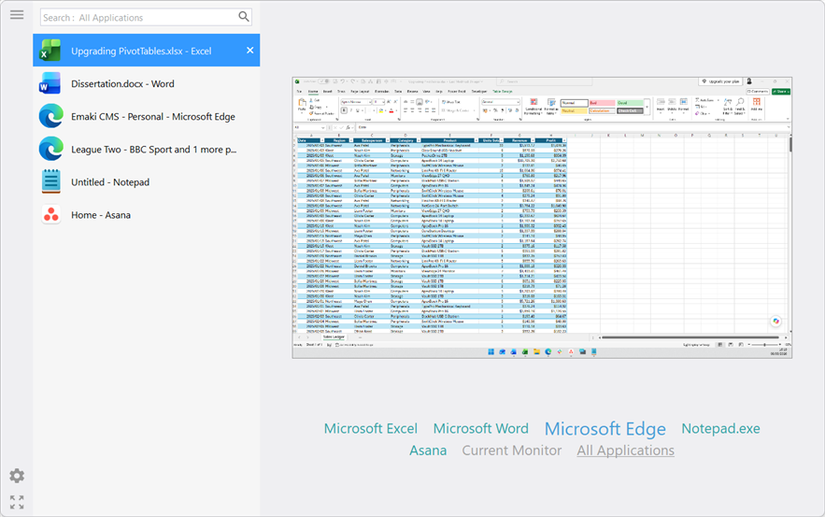 NTWind's Alt-Tab Terminator window showing an Excel file selected in the left list and previewed on the right.