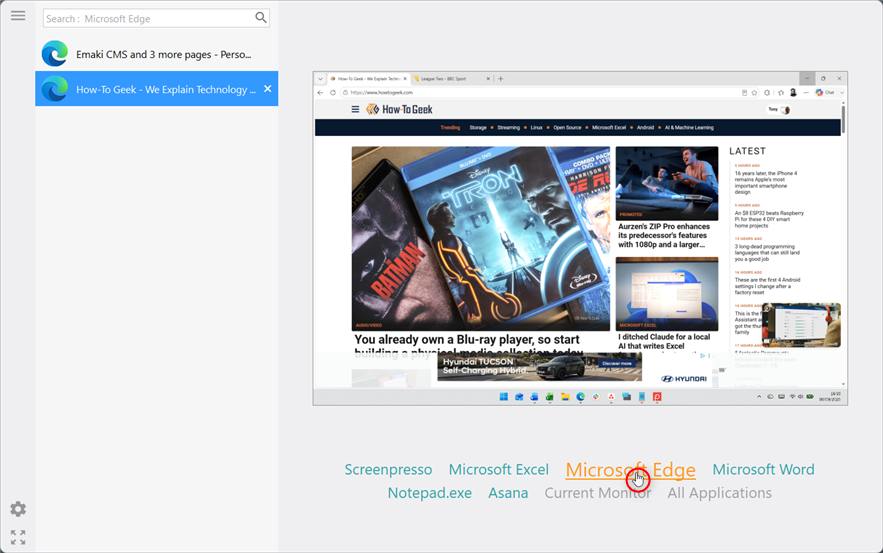 NTWind's Alt-Tab Terminator window showing Microsoft Edge selected in the bottom filter and its open pages listed on the left.