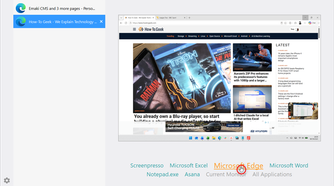NTWind's Alt-Tab Terminator window showing Microsoft Edge selected in the bottom filter and its open pages listed on the left.