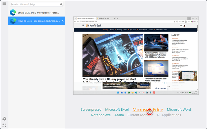 NTWind's Alt-Tab Terminator window showing Microsoft Edge selected in the bottom filter and its open pages listed on the left.