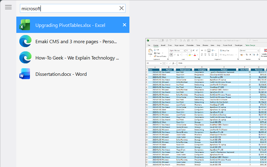 NTWind's Alt-Tab Terminator window showing 'Microsoft' typed into the search bar, filtering the active task list.